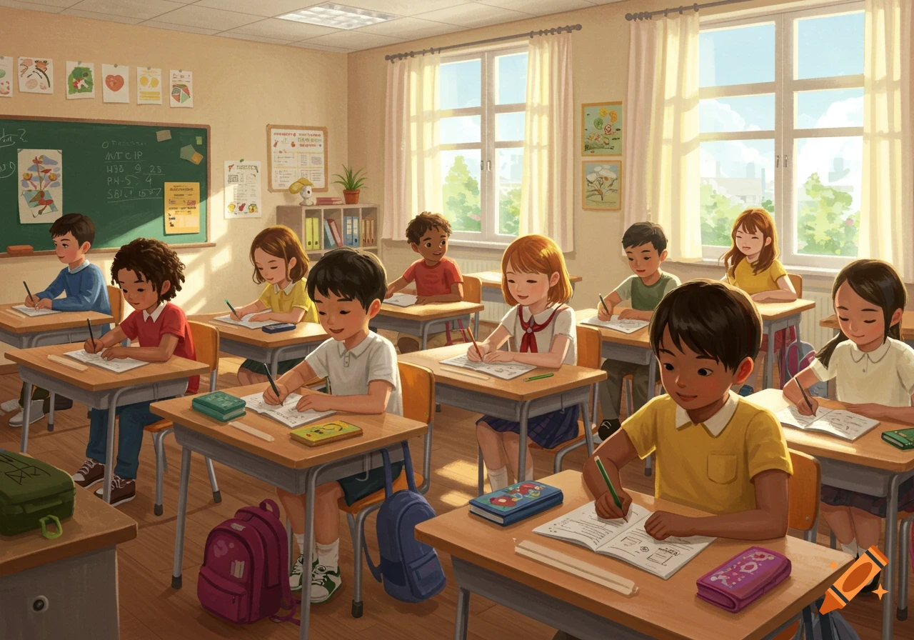 An illustration shows a diverse group of elementary school children sitting at desks and writing in a bright classroom.