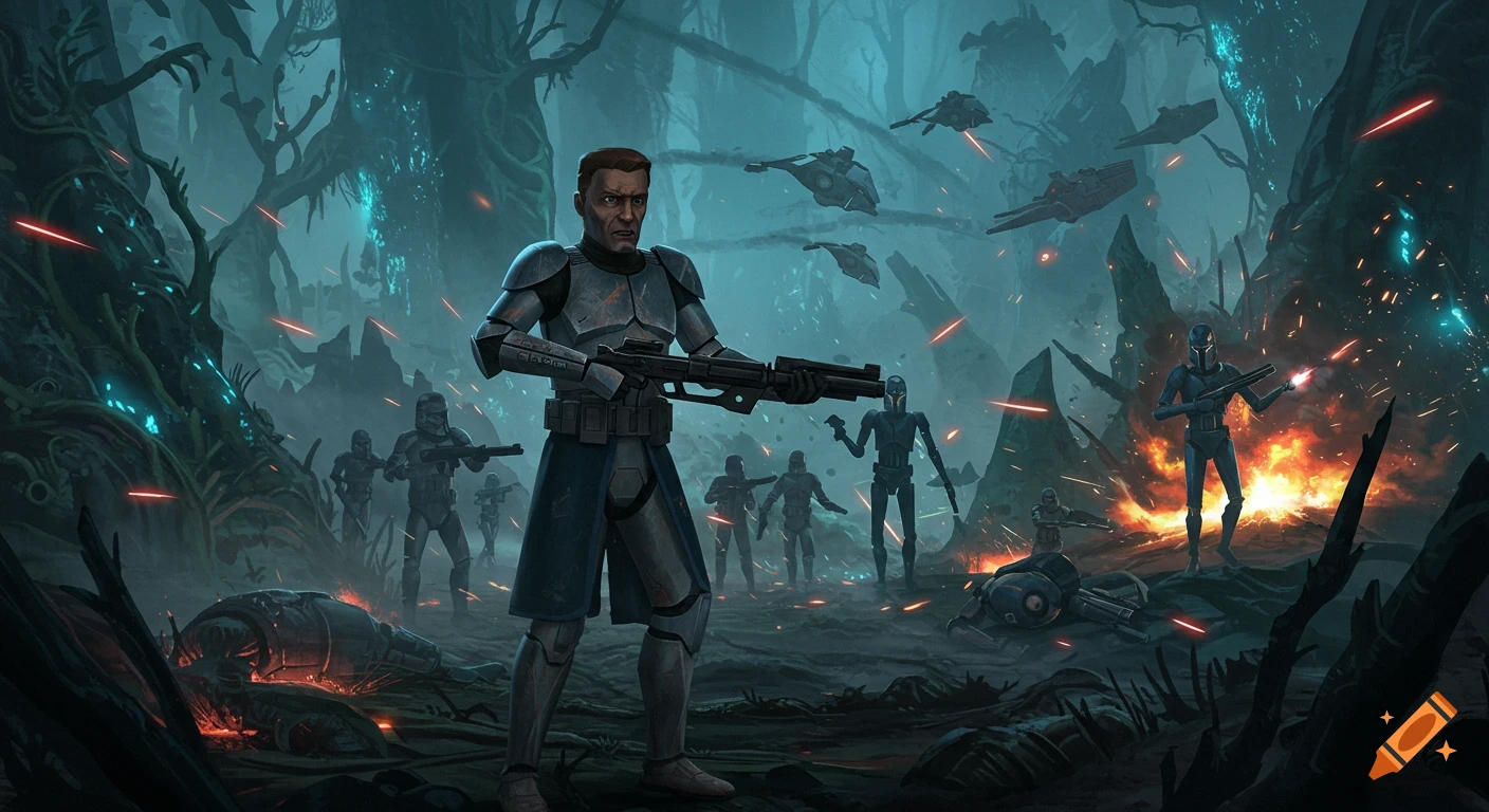 Commander Cody leads clone troopers in a dark, misty Star Wars: The Clone Wars style battle against droids on a swampy alien planet with glowing flora, explosions, and flying vehicles.