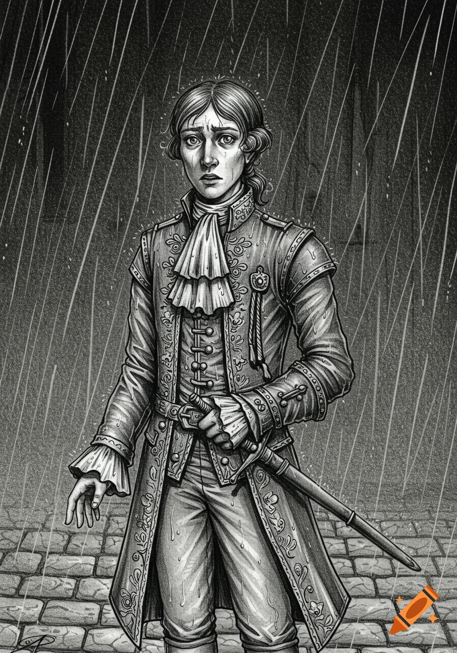 A black and white hand-drawn illustration of a sad young noble in flamboyant historical attire, holding a rapier, standing in heavy rain.