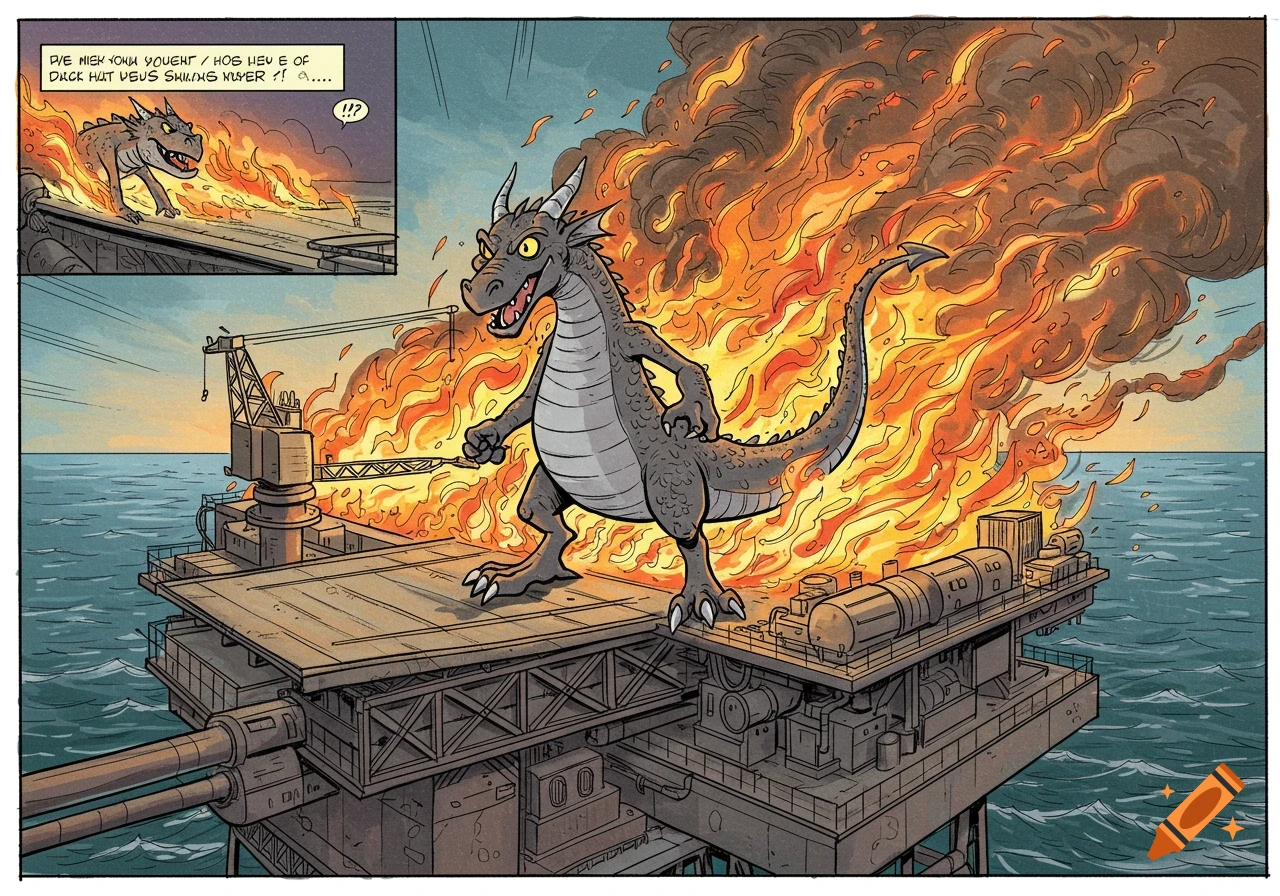 A hand-drawn comic panel shows a cartoon dragon standing on an oil rig engulfed in flames, with another smaller dragon in a background panel.