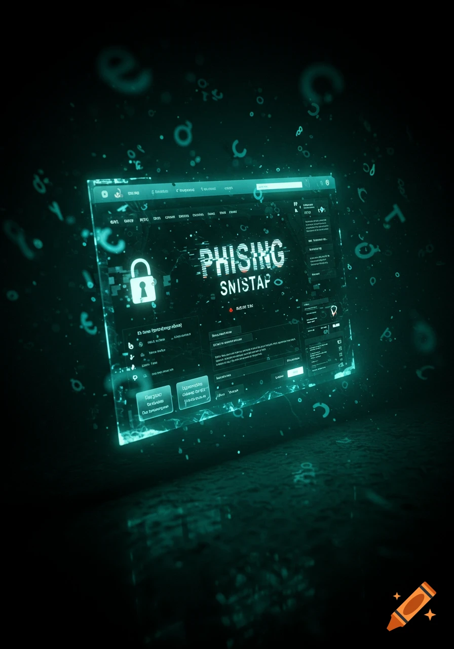 A glowing, holographic screen displaying 'PHISHING' and a lock icon, surrounded by abstract digital code in a dark, cyber setting.