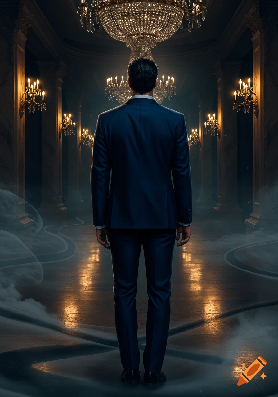 A man in a dark suit stands with his back to the viewer in a grand, chandelier-lit hall.