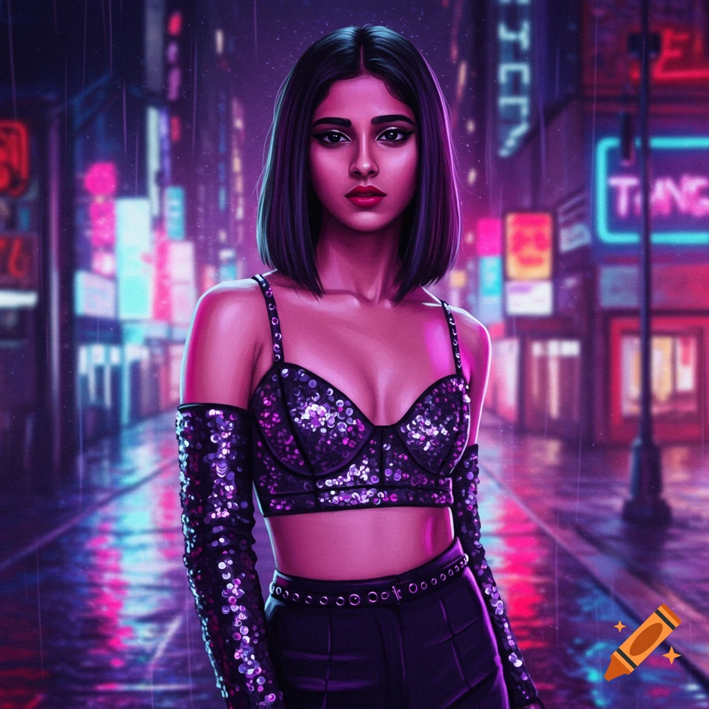 A woman with short dark hair and a sequined crop top stands in a neon-lit cyberpunk city street.
