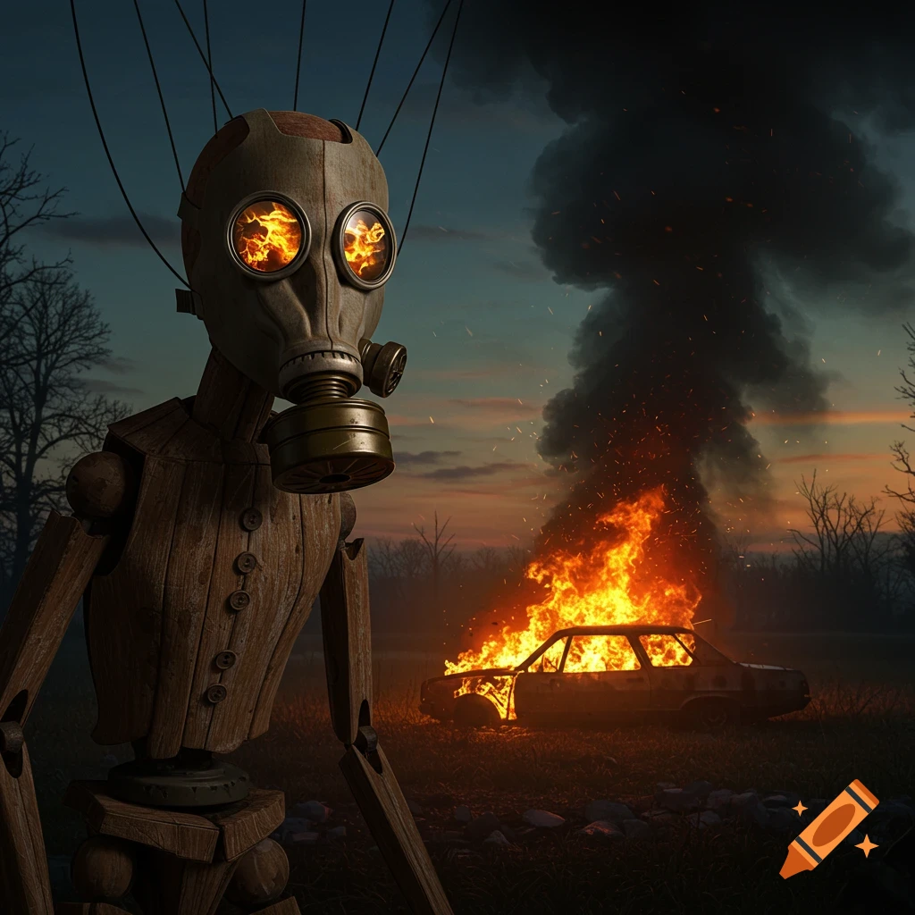 A wooden puppet in a gas mask stands next to a burning car with smoke rising in a desolate, dusk landscape.