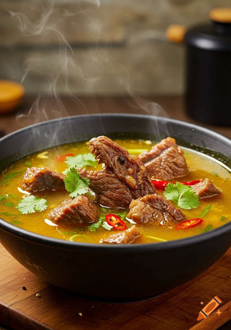 A steaming bowl of soup with meat chunks, including one shaped like a dinosaur head, garnished with chili and cilantro.