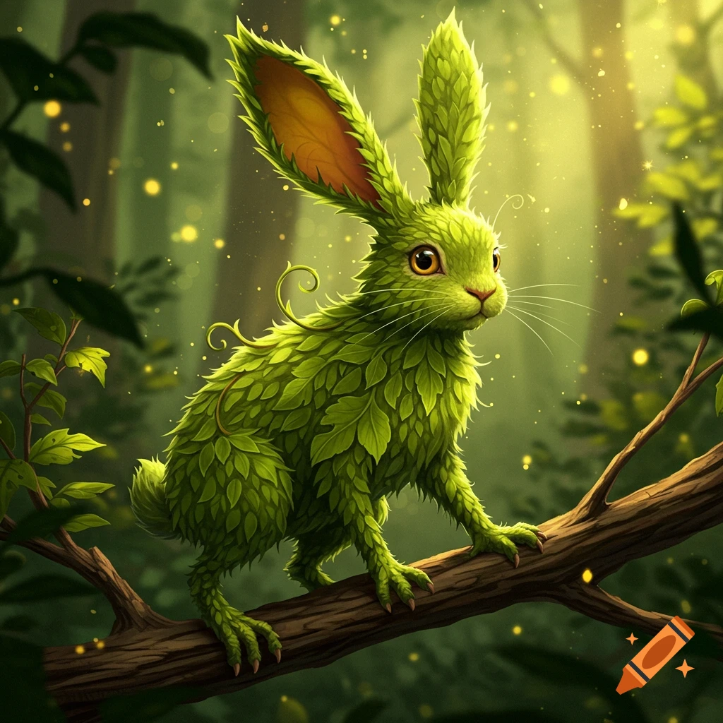A fantasy hare with bright green leaves forming its fur and large ears, sitting on a tree branch in a sunlit forest.