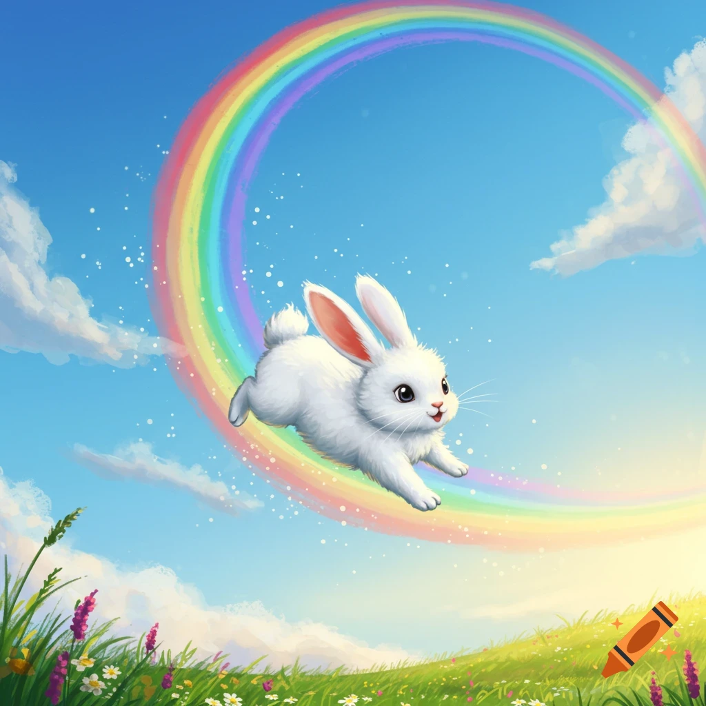 A cute white rabbit jumps over a vibrant circular rainbow in a sunny blue sky above a green, flowery meadow. Illustration.