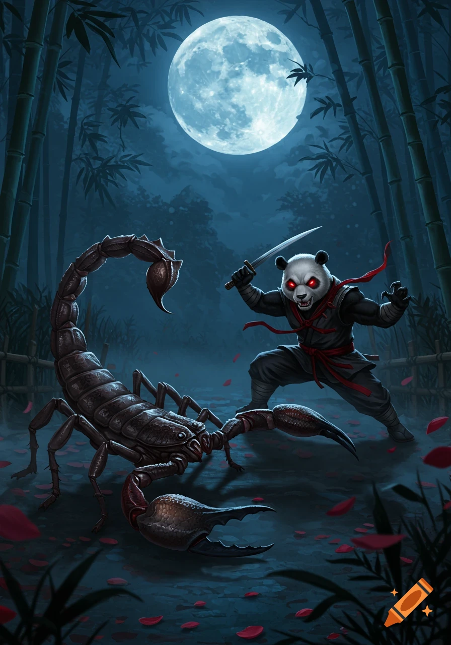 A red-eyed ninja panda with a sword fights a giant scorpion in a dark bamboo forest under a full moon, stylized illustration.