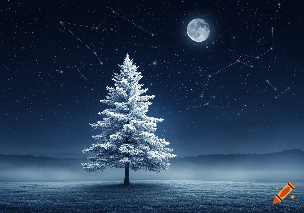 A snow-covered evergreen tree stands in a moonlit field under a starry night sky with constellations and a full moon.