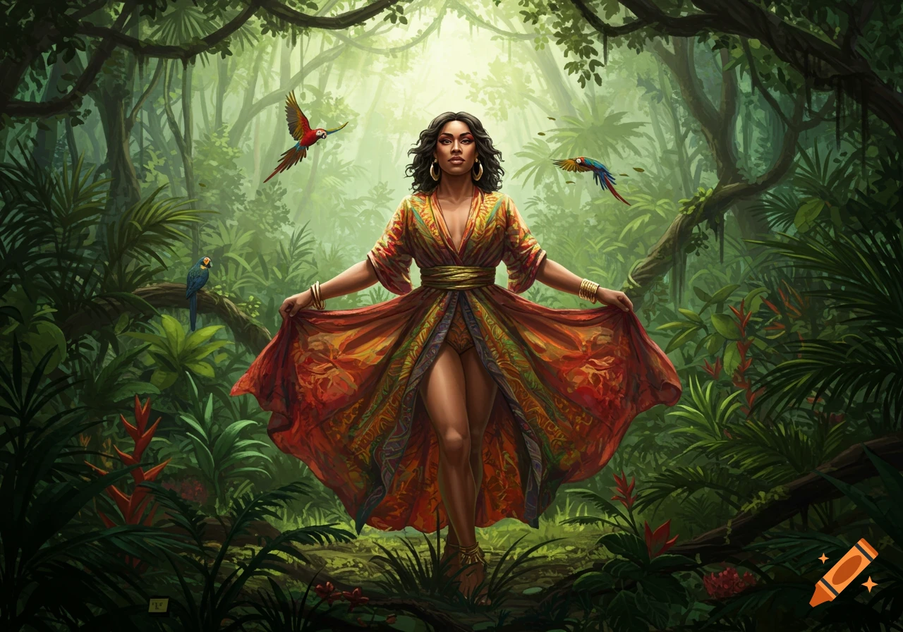 A woman in a vibrant, flowing dress poses in a lush, sunlit jungle with tropical birds, in a stylized illustration.