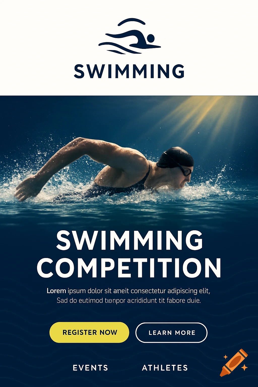 A landing page for a swimming competition with a swimmer doing a freestyle stroke in water under bright sunlight, text overlaid, and buttons to register or learn more. Colors are white, navy, and yellow.
