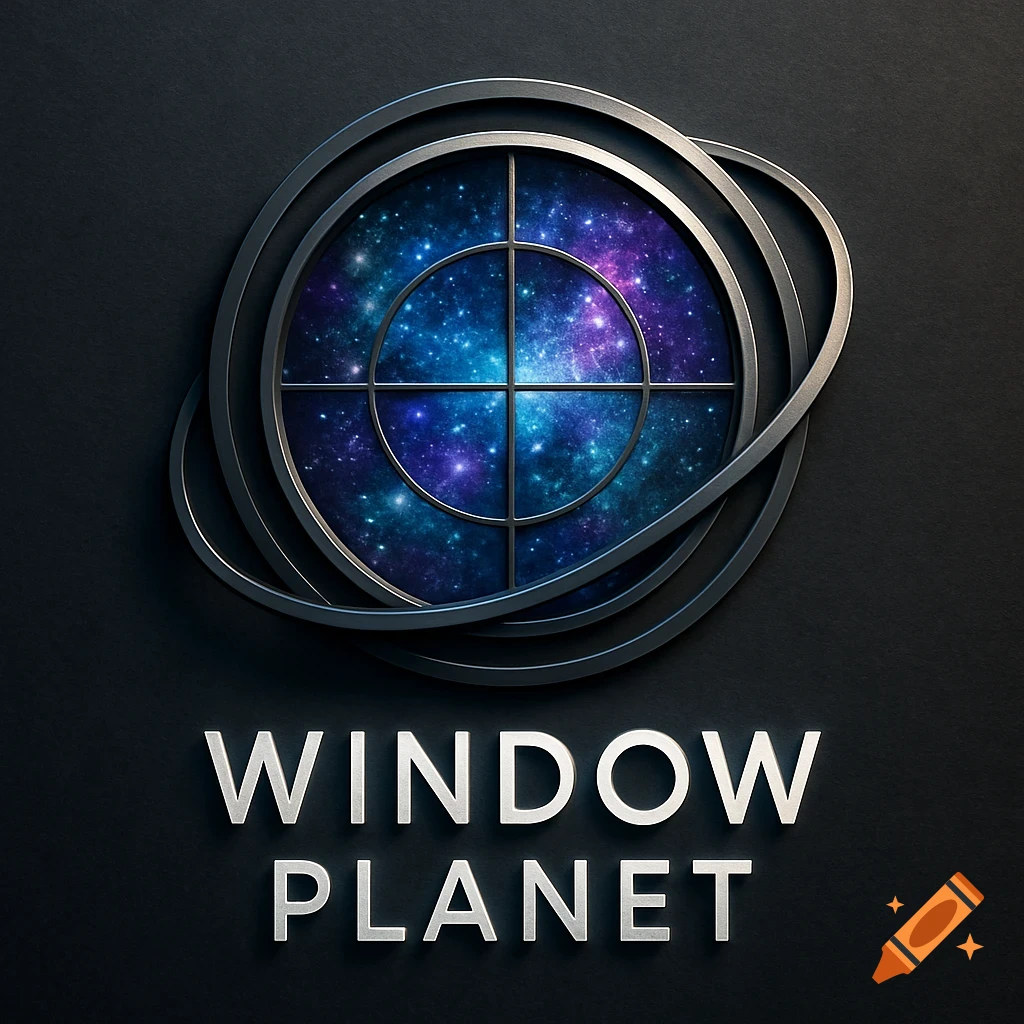 A logo featuring stylized metallic rings forming a window, revealing a vibrant galaxy with stars and nebulae, above the words 'WINDOW PLANET'.