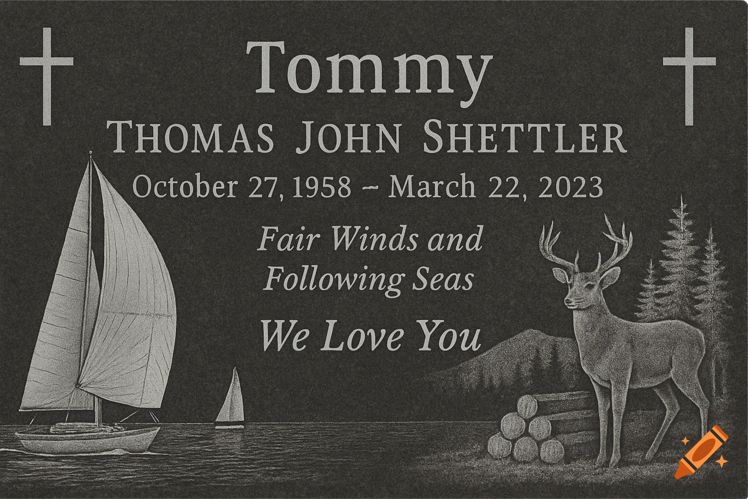 A dark gray granite memorial gravestone with a sailboat, a deer, trees, and engraved text for 'Tommy Thomas John Shettler', dates, 'Fair Winds and Following Seas', and 'We Love You'.