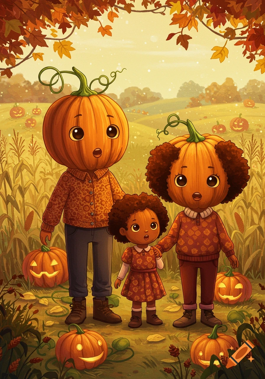 A cute cartoon family with pumpkin heads stands in an autumn field with jack-o'-lanterns and cornstalks, in a children's book style.