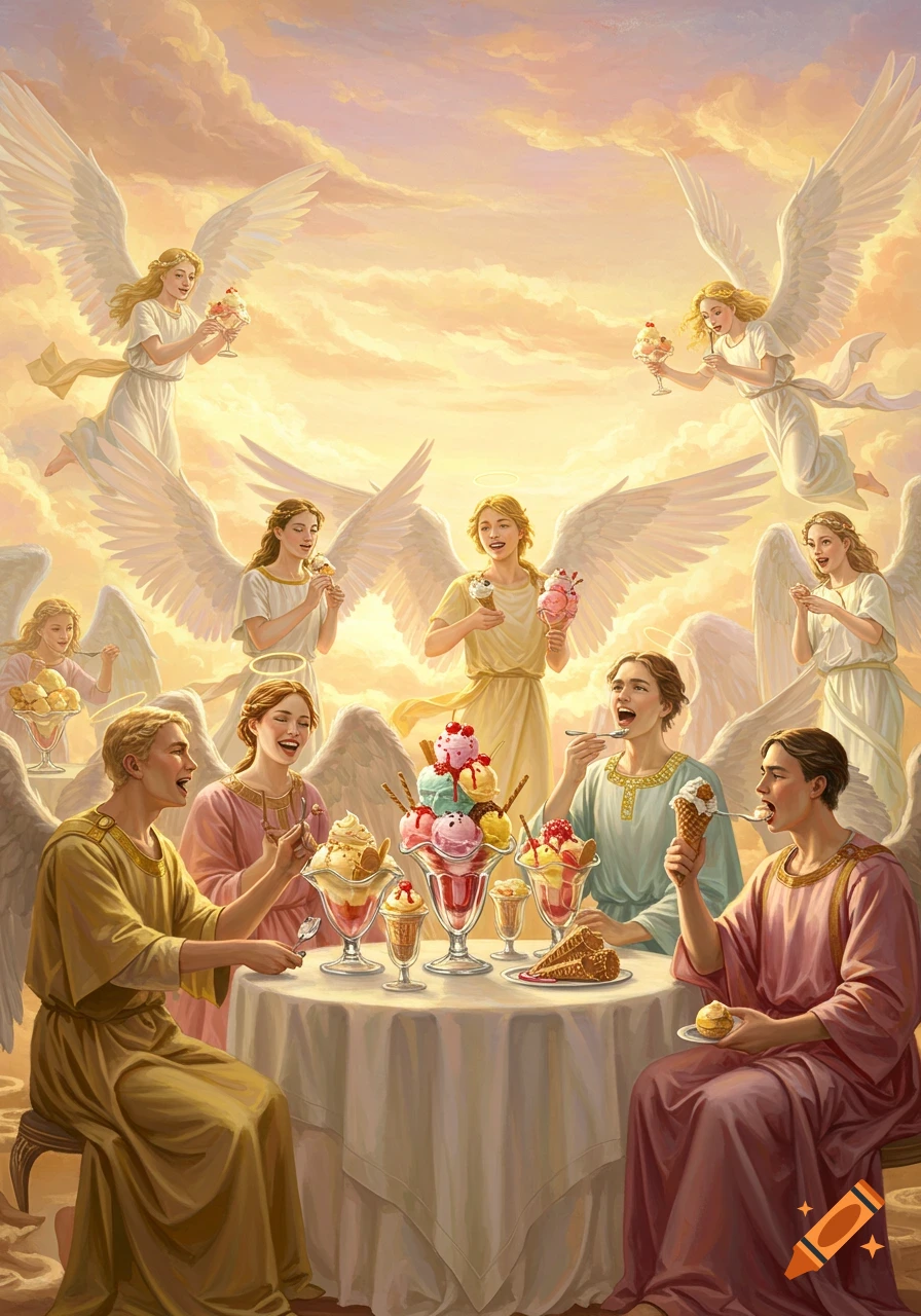 A vibrant painting of numerous angels and saints joyfully eating ice cream sundaes and cones around a table amidst golden clouds in heaven.