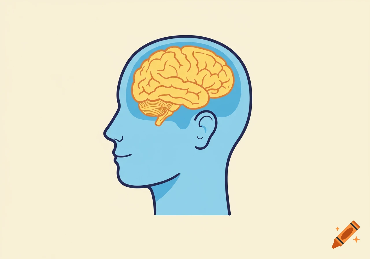 A minimalist cartoon illustration of a human head in profile with a visible yellow brain inside, set against a plain light background.