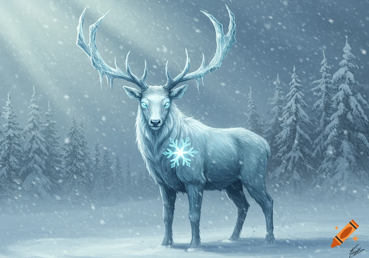 A majestic ice deer with glowing blue eyes and icy antlers stands in a snowy forest, a glowing six-pointed snowflake on its chest.