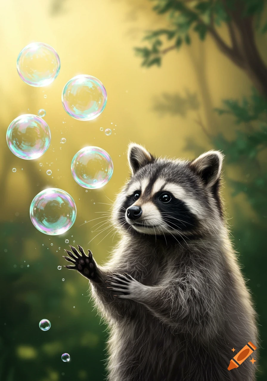 A cute raccoon stands on its hind legs, gazing up at colorful bubbles floating in a sunlit forest.