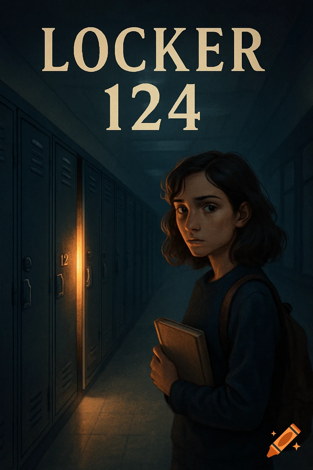 An illustrated book cover shows a nervous girl with a backpack and book in a dimly lit school hallway. A locker labeled '12' glows brightly.