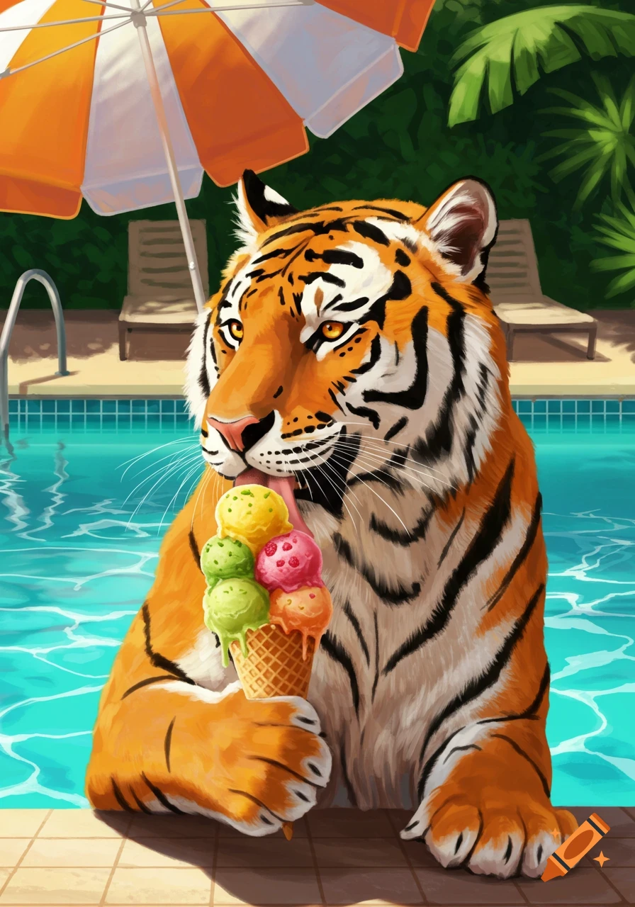Illustrated tiger eating a multi-scoop ice cream cone by a blue swimming pool under an orange and white parasol.