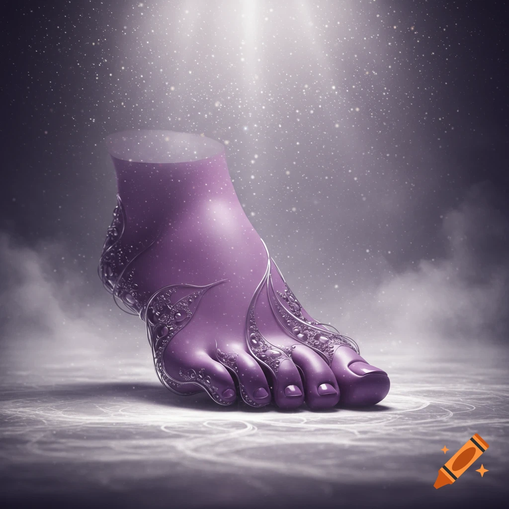 A stylized purple foot with intricate silver patterns stands on a shimmering surface, illuminated by a light beam and sparkling particles.