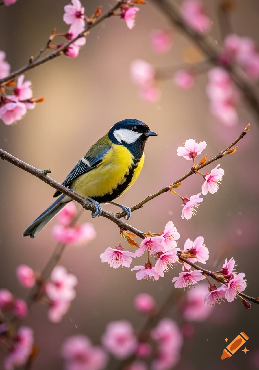 A vibrant great tit bird perches on a cherry blossom branch with pink flowers and a soft, blurred background.
