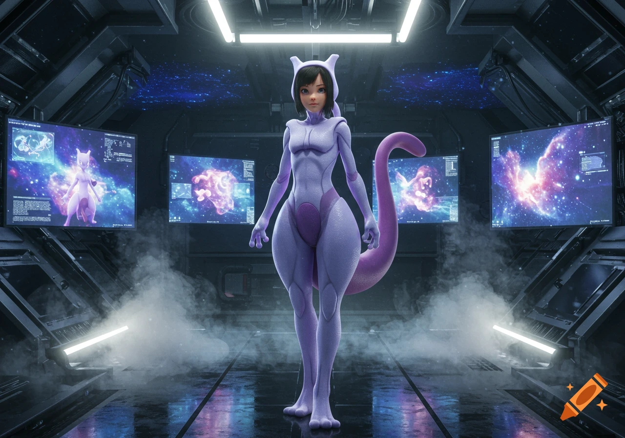 A girl in a sleek, lavender Mewtwo bodysuit stands in a futuristic sci-fi laboratory with glowing monitors showing nebulae.