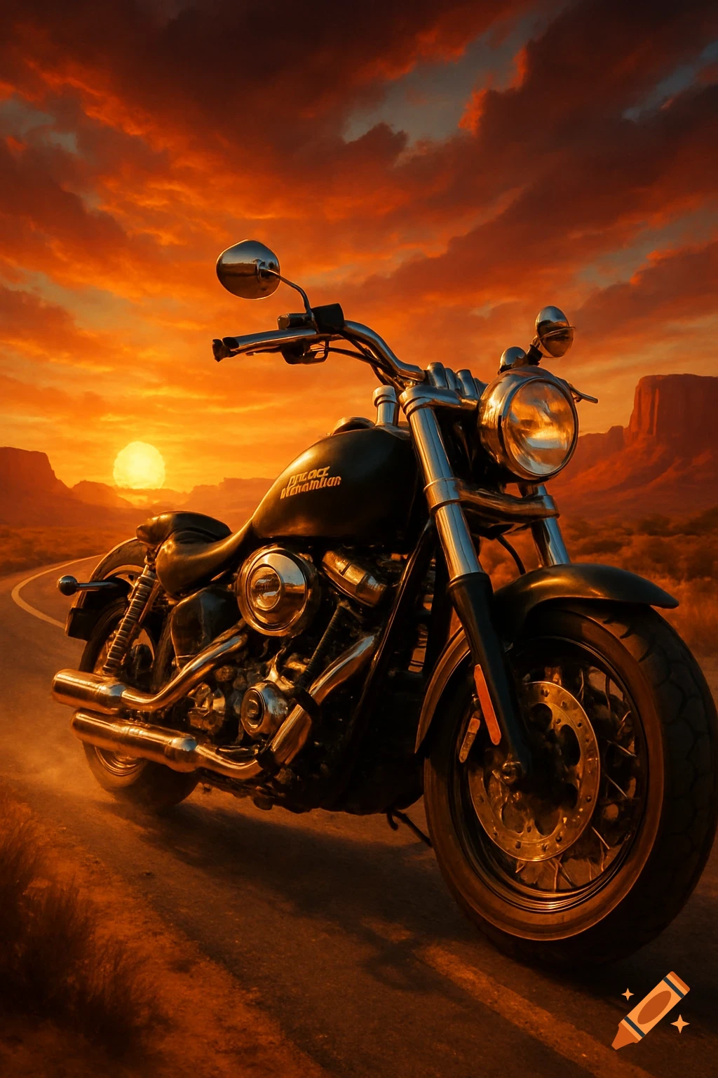 A black motorcycle parked on a desert road at sunset with vibrant orange and red clouds.