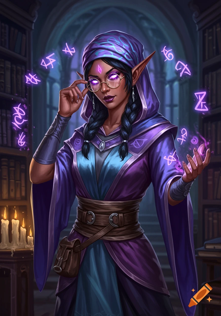 An elf wizardess in purple robes and glasses with glowing eyes and magic symbols floating in a library.