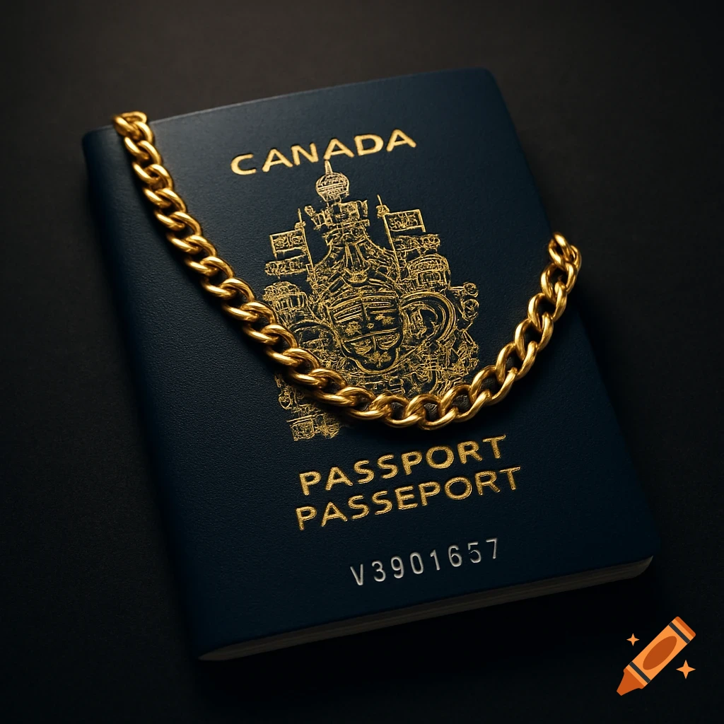 A dark blue Canadian passport with gold lettering and emblem, draped with a shiny gold chain, resting on a dark surface.