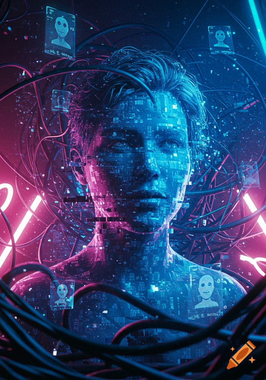 A digital portrait of a person's face made of glowing blue and pink pixels, surrounded by neon lights, wires, and holographic screens.