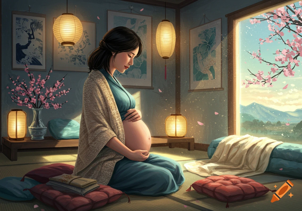 Serene pregnant Asian woman in traditional room, holding belly. Cherry blossoms and mountains seen through window. Illustration.