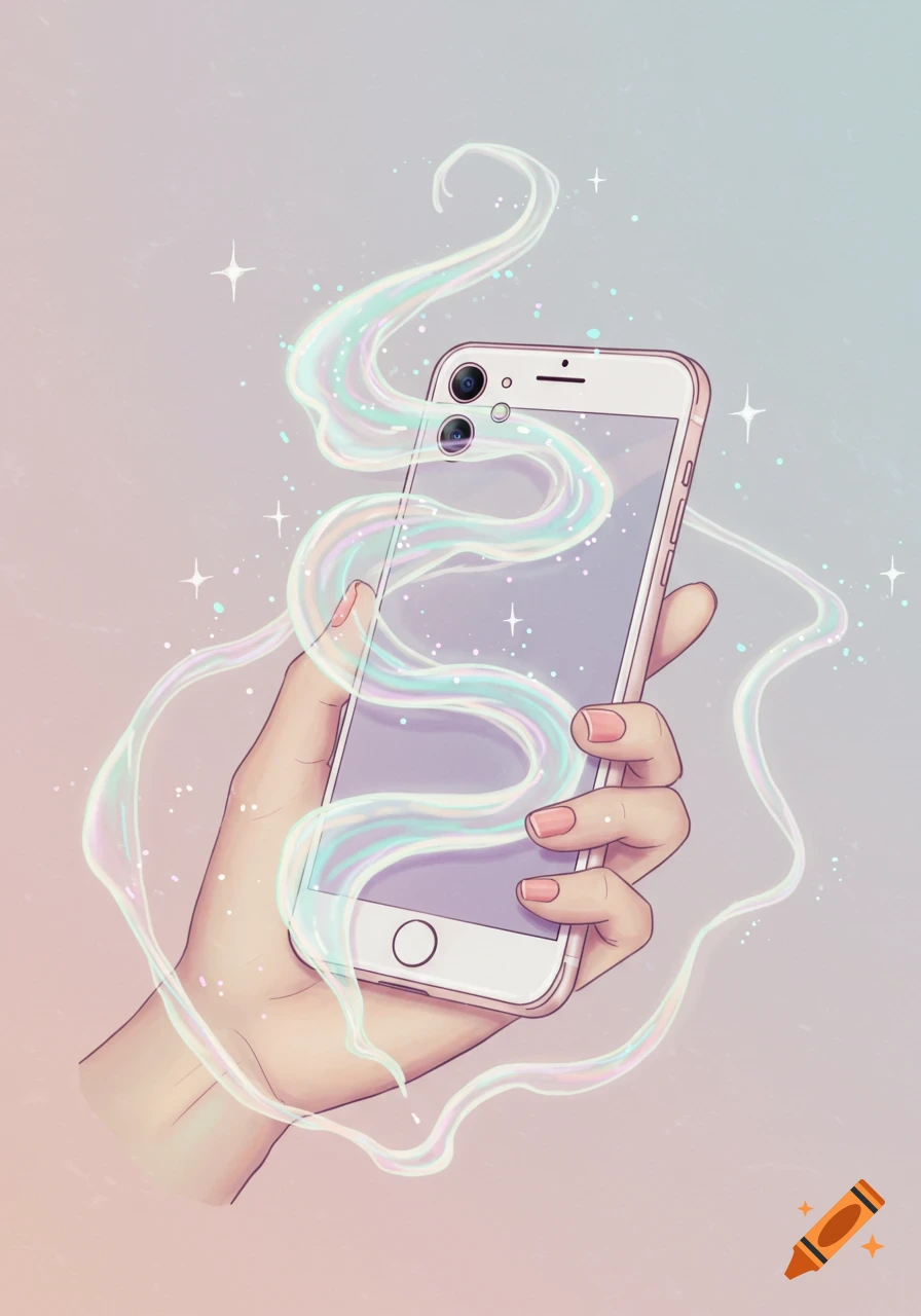 An illustrated hand holds a white smartphone with glowing, iridescent smoke swirling around it on a gradient background.