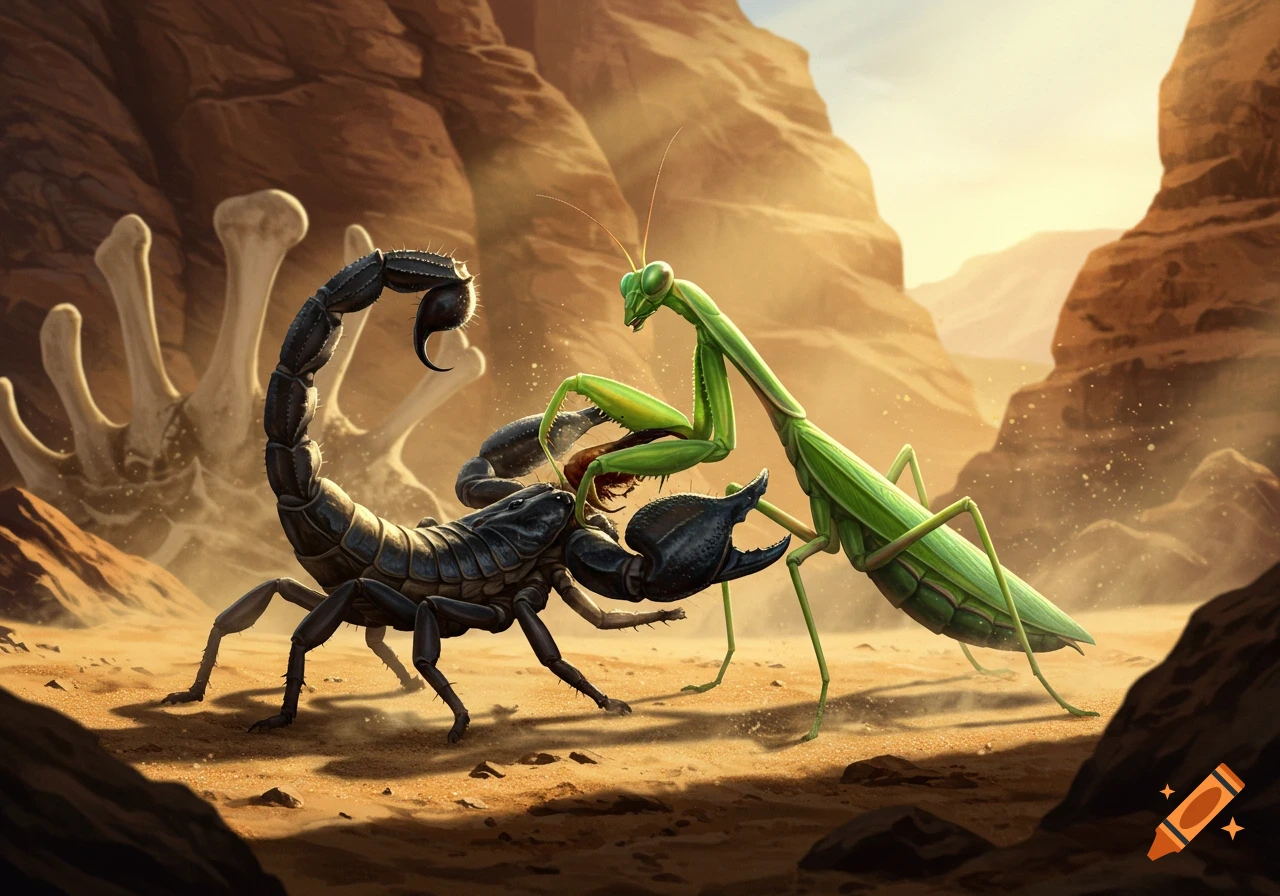 A green praying mantis and a black scorpion fight on sandy ground in a rocky desert canyon with large bones in the background.