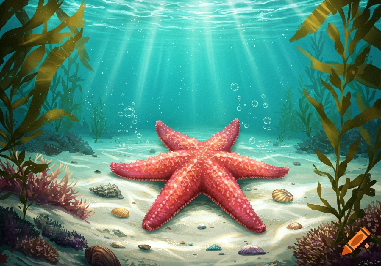 Illustrated red starfish on a sandy seabed with kelp and shells, sunlight filtering through turquoise water.