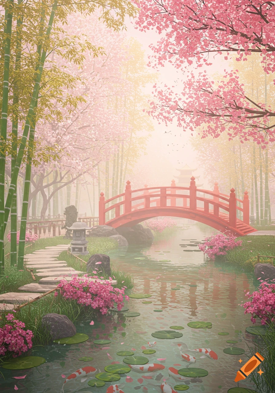 A serene Japanese garden with a red arched bridge over a stream, bamboo, pink cherry blossoms, koi fish, and lily pads.