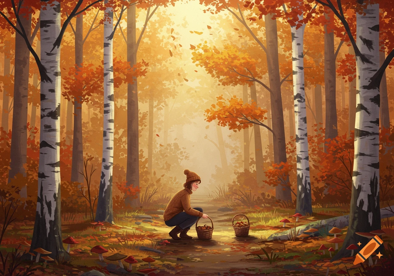 An illustrative scene of a person crouching in a vibrant autumn forest, picking mushrooms into baskets. Sunlight streams through the trees.