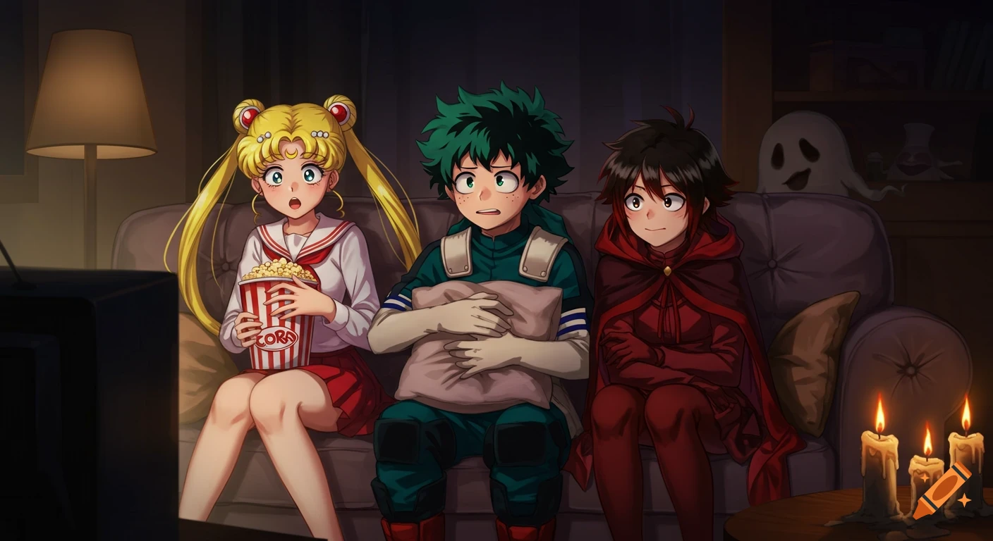 Anime characters Sailor Moon, Izuku Midoriya, and Ruby Rose watch a horror movie on a couch, with popcorn, a ghost, and candles.