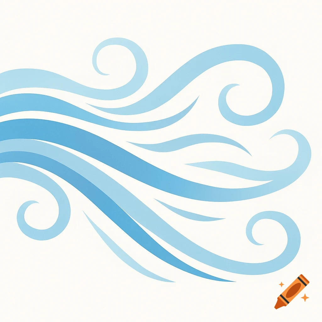 Stylized blue wavy lines representing air flow on a white background.
