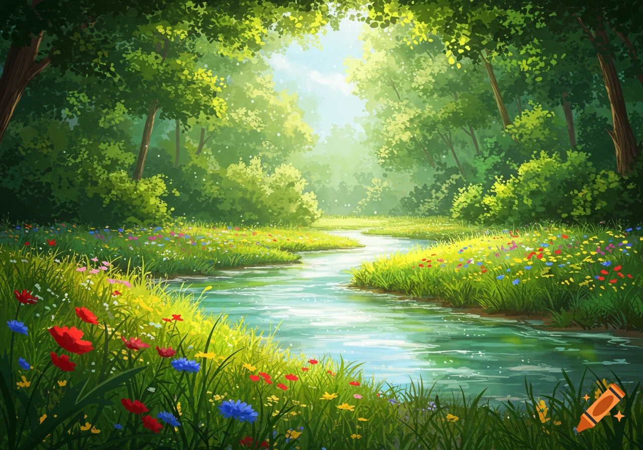 A vibrant illustration of a sunlit forest with a winding river flowing through a meadow of red, pink, blue, and yellow wildflowers.