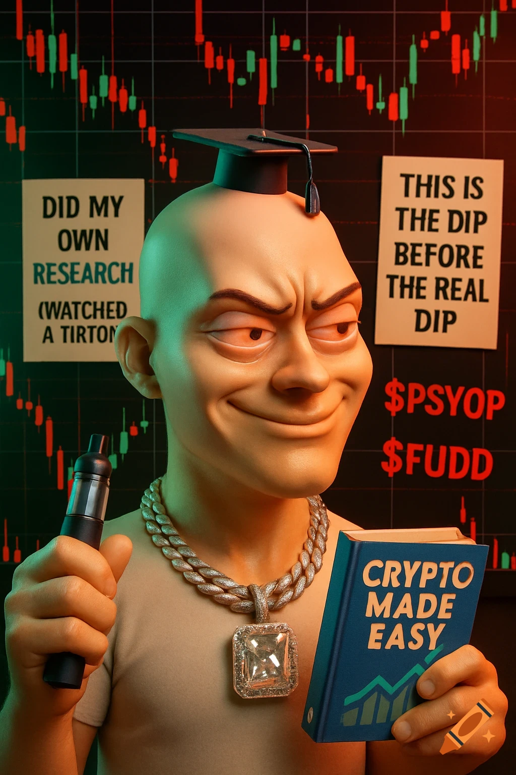 A 3D cartoon character, 'Brainlet Max,' wearing a graduation cap and diamond chain, holding a vape and a 'CRYPTO MADE EASY' book, against a background of stock charts and meme posters.