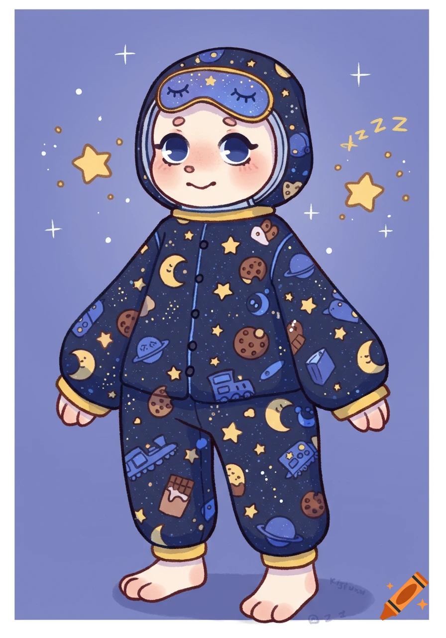 A cute, plush, cartoon mascot character named Dreamsey, wearing blue pajamas decorated with stars, moons, cookies, trains, and chocolate, with a sleepy expression and a sleeping mask over their eyes.