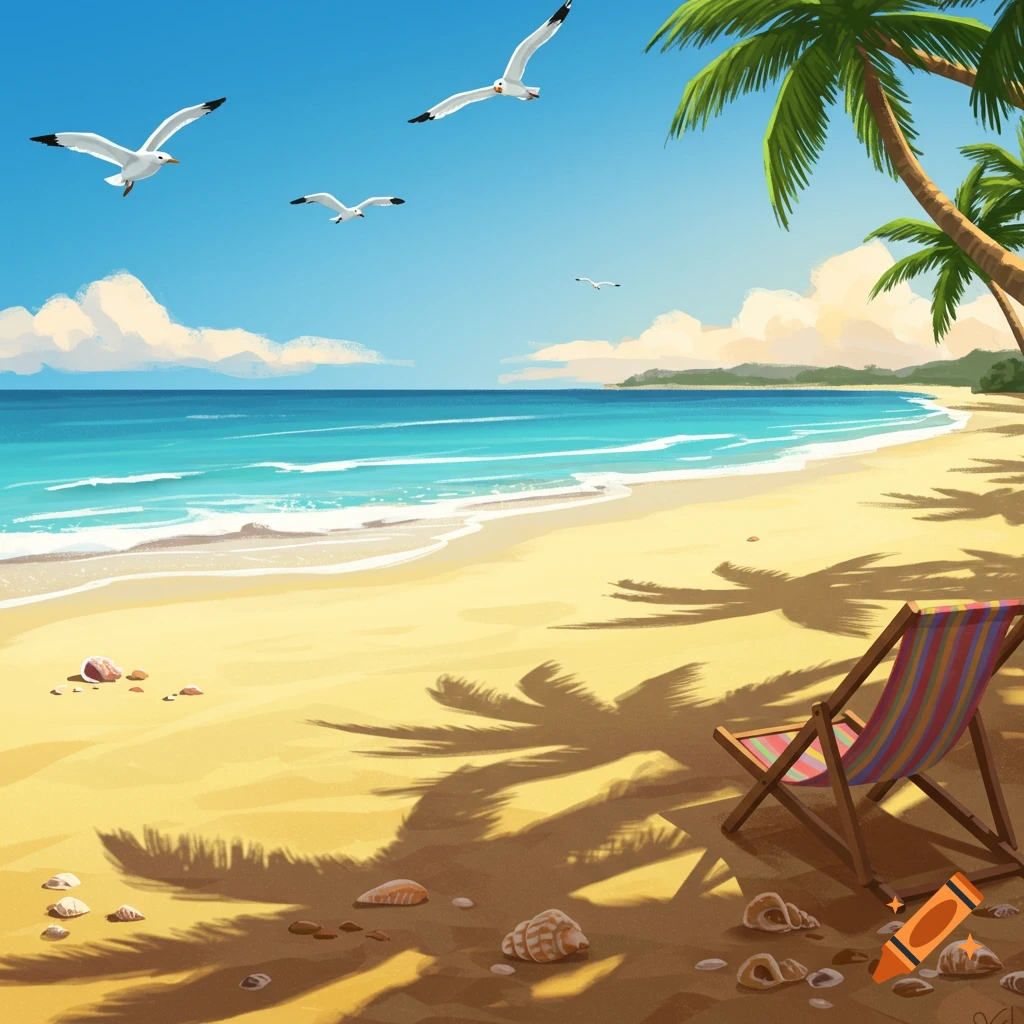 A colorful, stylized illustration of a tropical beach with turquoise water, palm trees, seagulls, and a striped beach chair.