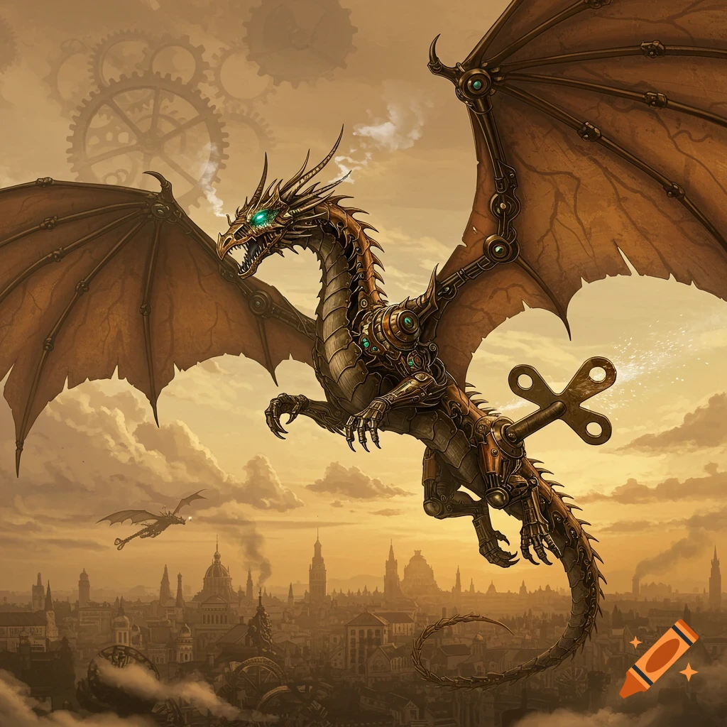 A detailed steampunk dragon with mechanical wings and body, featuring a prominent wind-up key, soars over a golden-hued city.