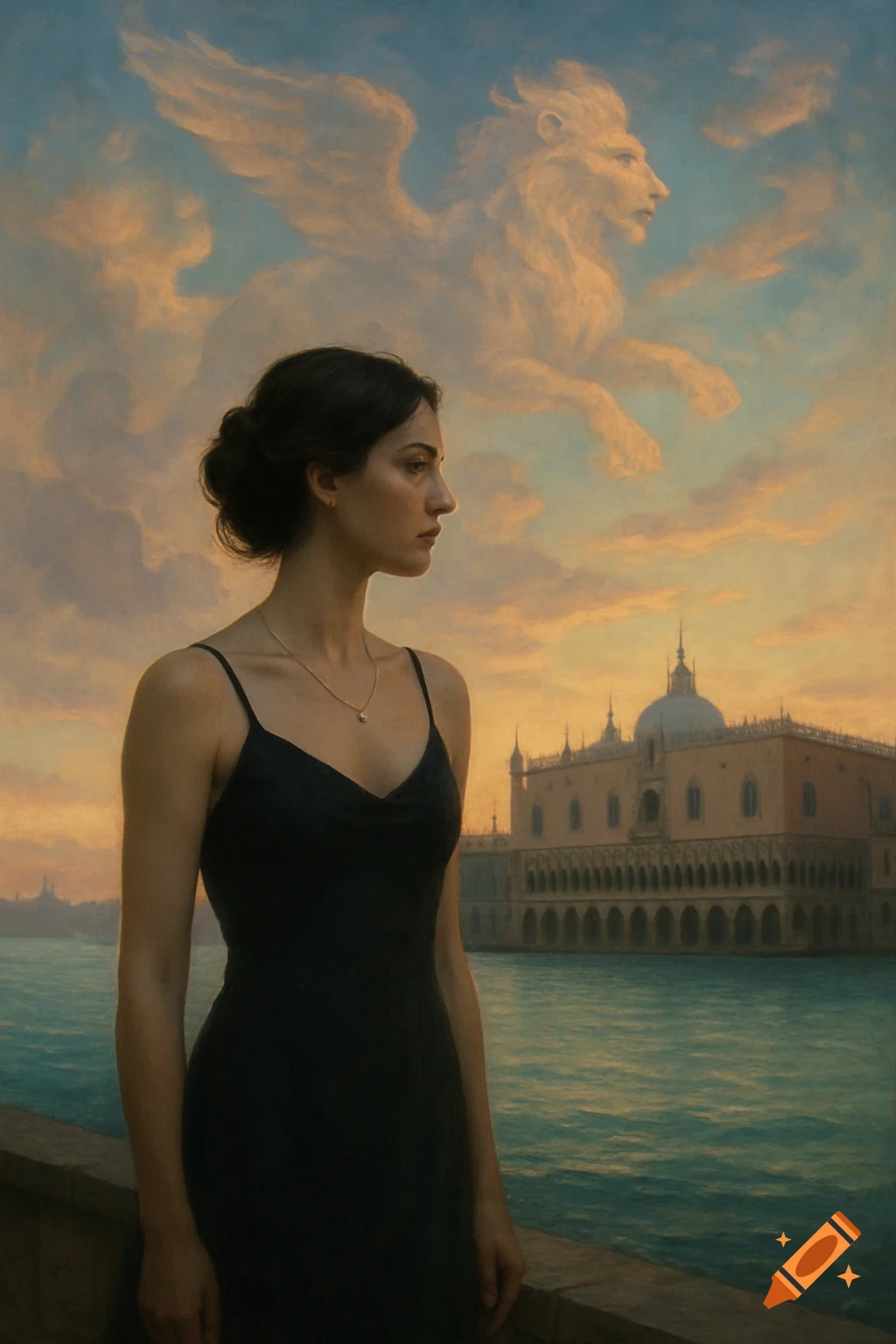 Painterly image of a woman in a black dress by a Venetian canal, a palace in the background, and a winged lion cloud in the sky.