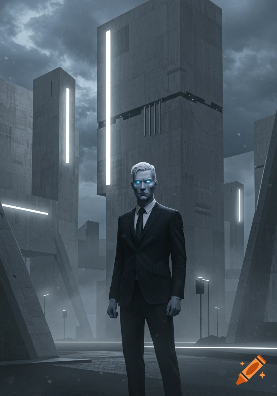 A futuristic man with glowing blue eyes and white hair in a black suit stands in a brutalist cityscape under a cloudy sky.