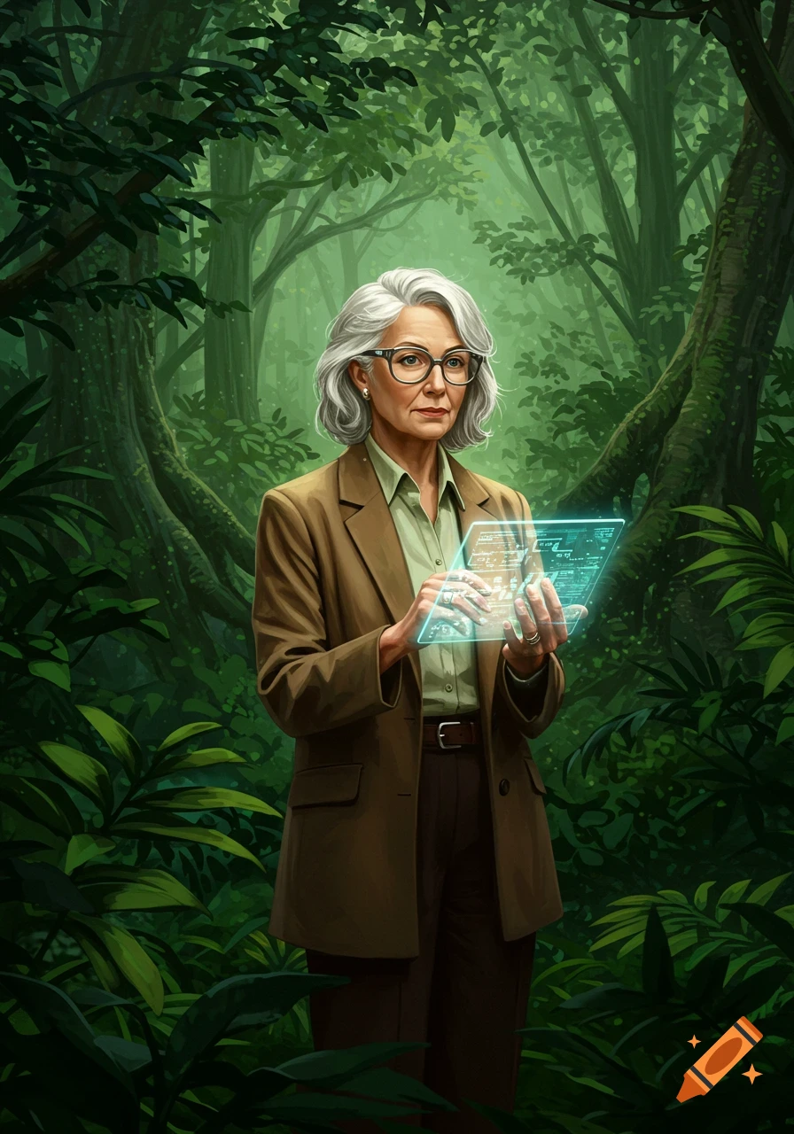 A digitally painted portrait of an older woman with grey hair and glasses in a jungle, holding a glowing holographic tablet.