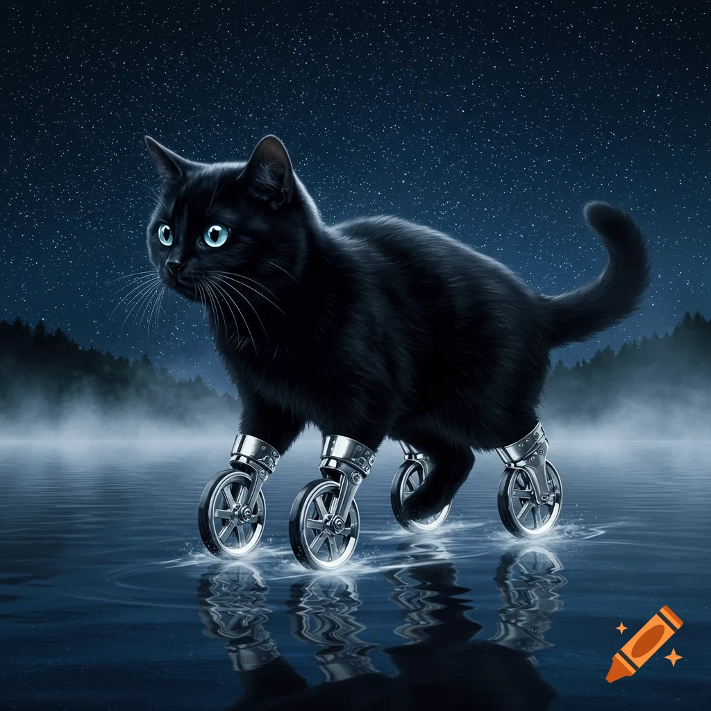 A black cat with bright blue eyes and shiny chrome wheels for legs stands in misty water under a dark, starry night sky.