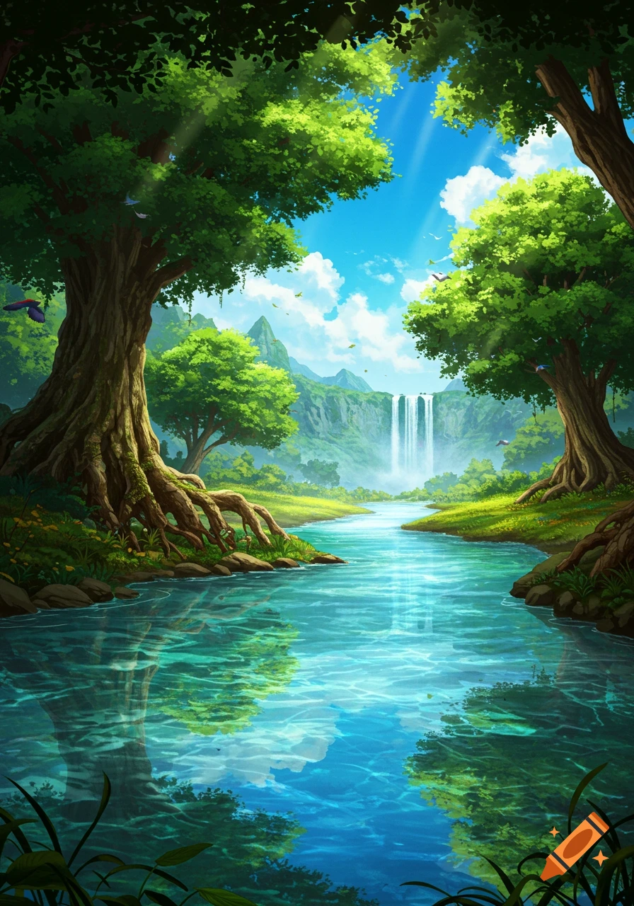 Lush, vibrant animated forest scene with a clear blue river flowing from a waterfall under a bright, sunny sky.
