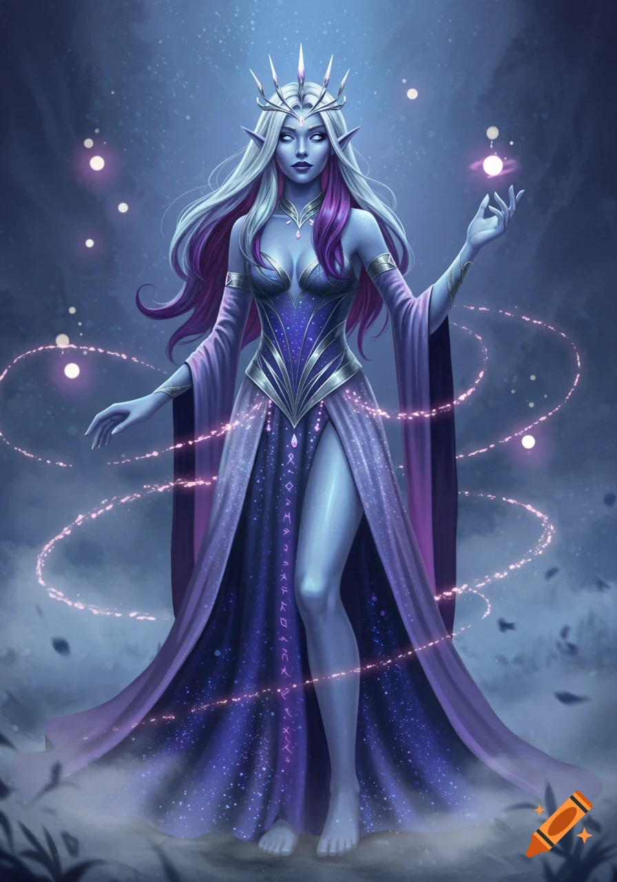 A fantasy queen with blue skin, silver-violet hair, and a shimmering indigo gown stands in a magical twilight realm with glowing lights.
